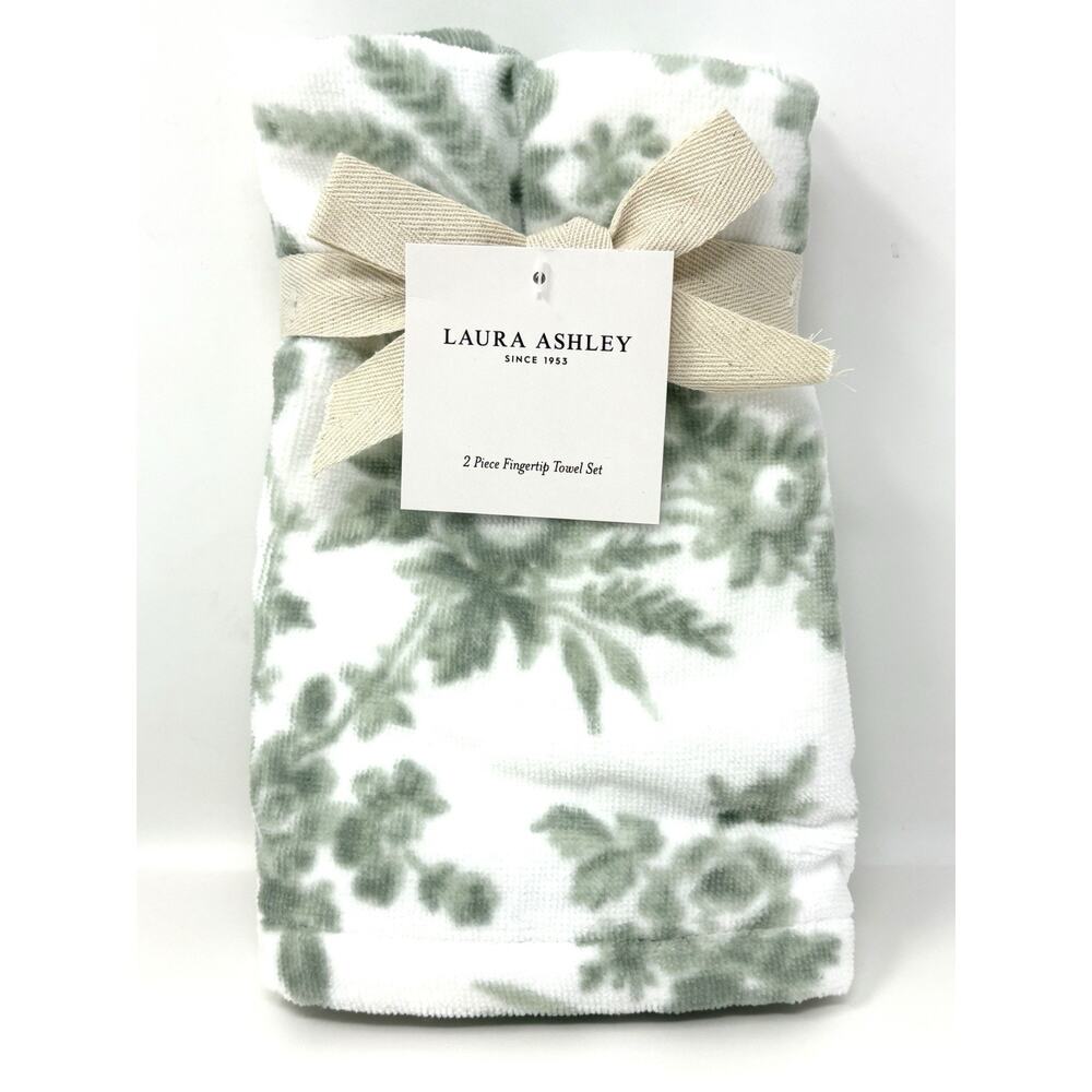 Laura Ashley Floral Bath Fingertip Towel Set 2 Pcs Green White Toile NWT Sage